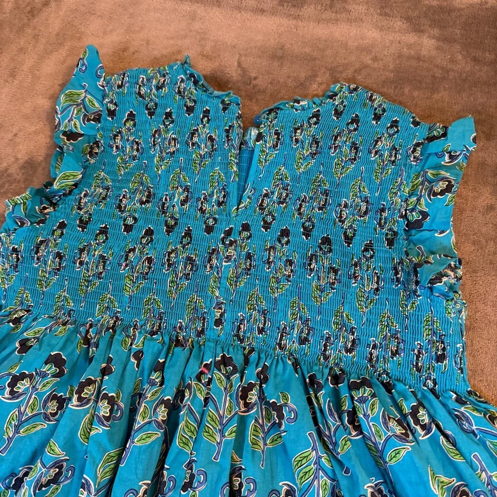 French Connection Smocked Floral Dress‎ Girls Large 14/16 Blue Cotton Ruffle